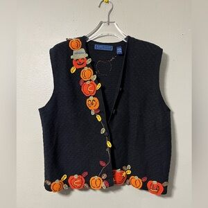 Karen Scott Black Pumkin Jack O Lantern Tight Knit Button Vest Adult XL